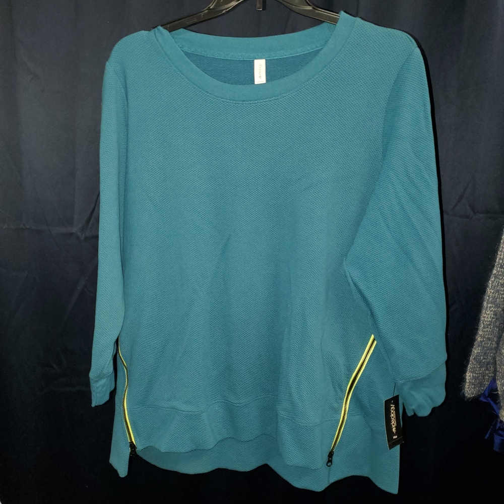 Ideology Teal Crew Neck Sweater with Yellow Zippers